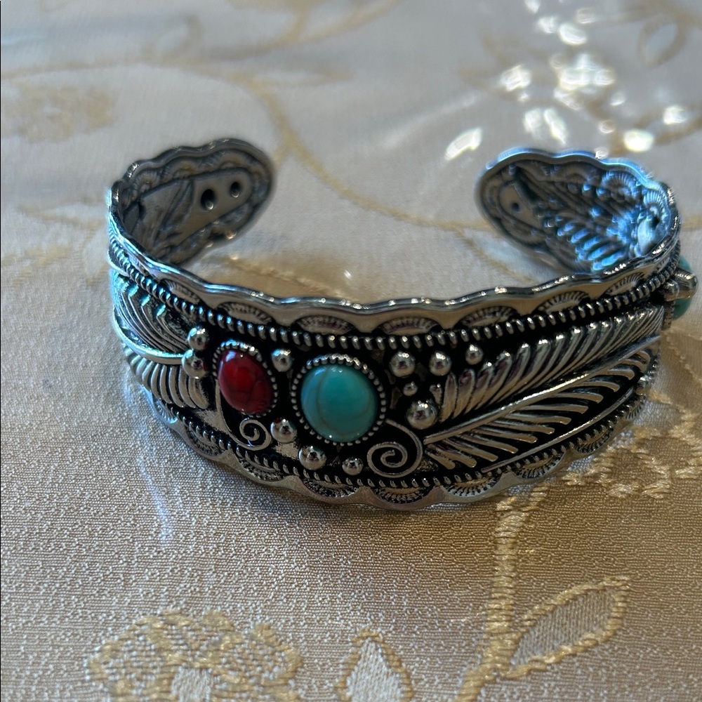 Silver and Turquoise Bracelet with Red Accent